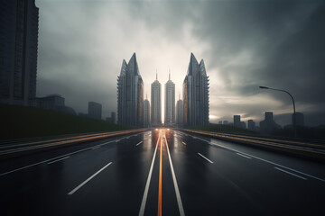 Fototapeta na wymiar Generative AI Empty asphalt road and modern city skyline with building in Hangzhou,China.
