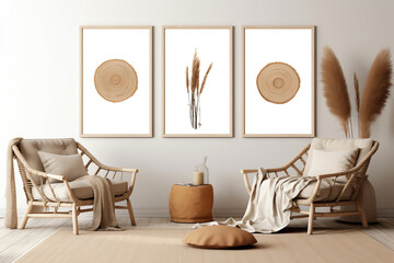 Generative AI Empty wall mockup in warm neutral beige room interior with wicker armchair, ethnic pillow, round jute rug, boho style decoration and free space. Illustration, 3d rendering