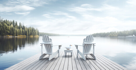 Generative AI Cottage life - Sunrise on two empty Adirondack chairs sitting on a dock on a lake in Muskoka, Ontario Canada. The sun rays create long shadows on the wooden pier.