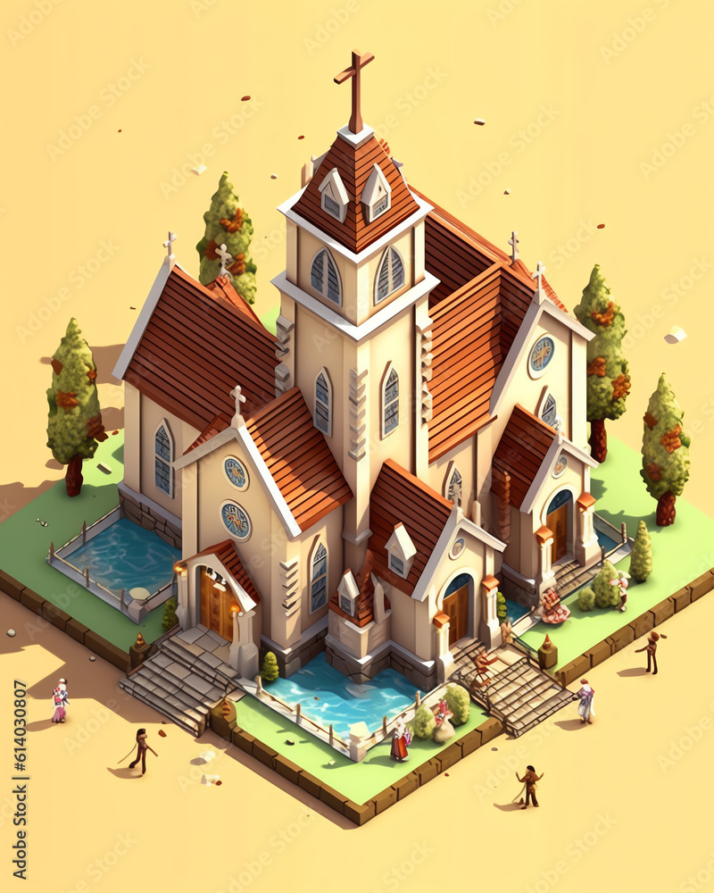 Aufkleber Generative AI Large view on the small chapel and praying nun