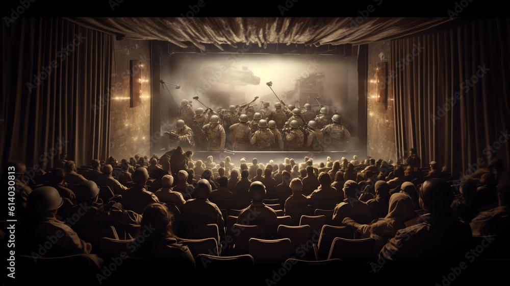 Poster generative ai cinema auditorium with people in chairs watching movie. light of projector. high angle