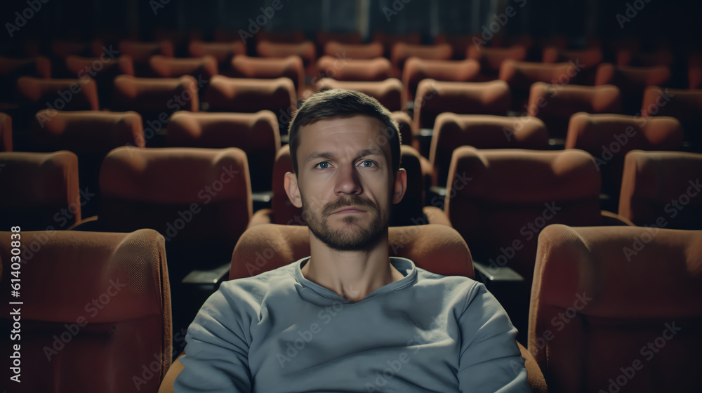 Poster generative ai one man sitting in empty cinema hall