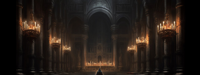 Generative AI Stunning night view of a Gothic Cathedral Gallery lit with copper chandeliers. 3d render - obrazy, fototapety, plakaty