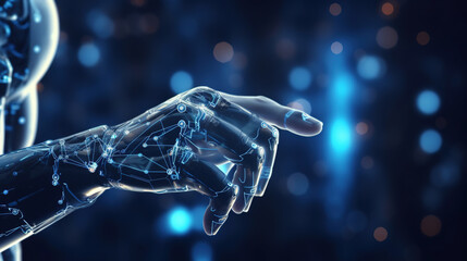 Hands of robot and human touching on big data network connection background