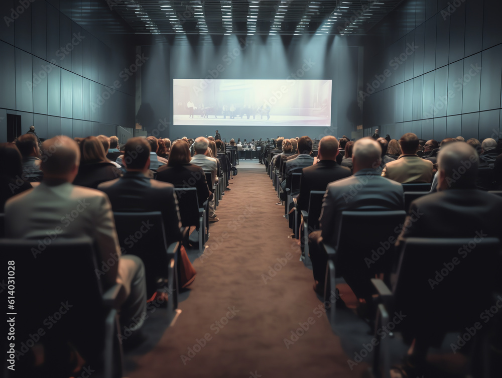Poster generative ai cinema auditorium with people in chairs watching movie. light of projector. high angle
