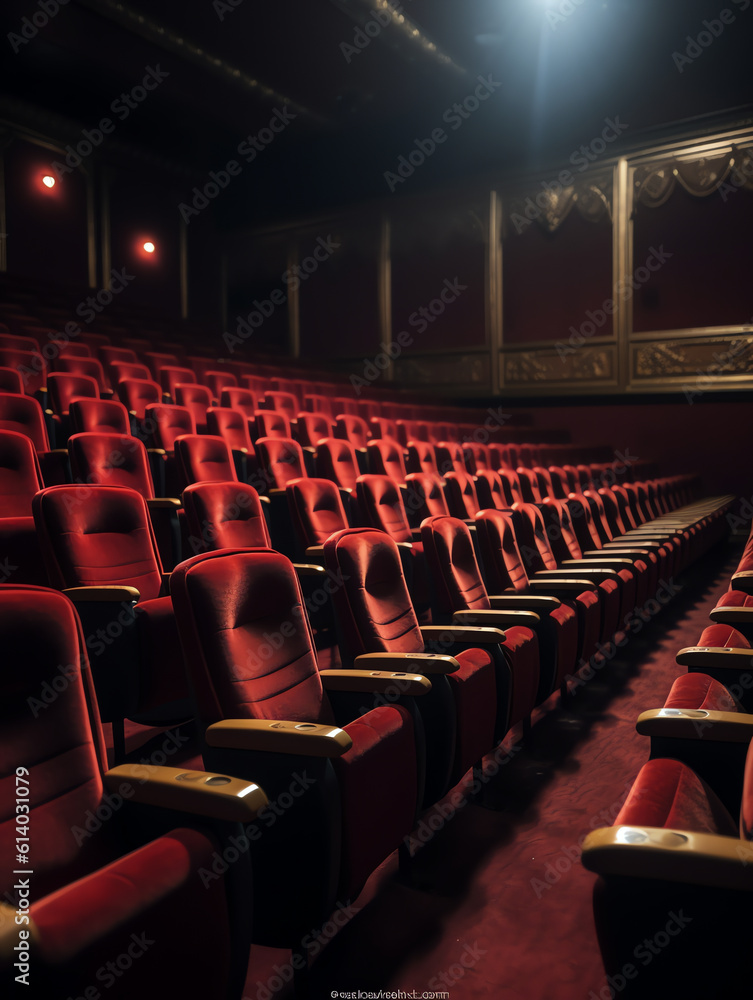 Poster generative ai close up shot of interior of cinema auditorium with lines of red chairs in front of a 