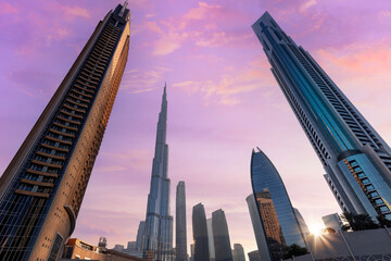 UAE, Dubai panoramic skyline view of city downtown and Dubai Mall.