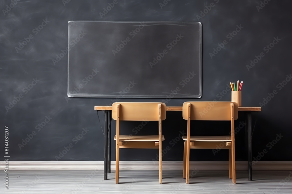 Aufkleber Generative AI Empty classroom with chairs, desks and chalkboard.