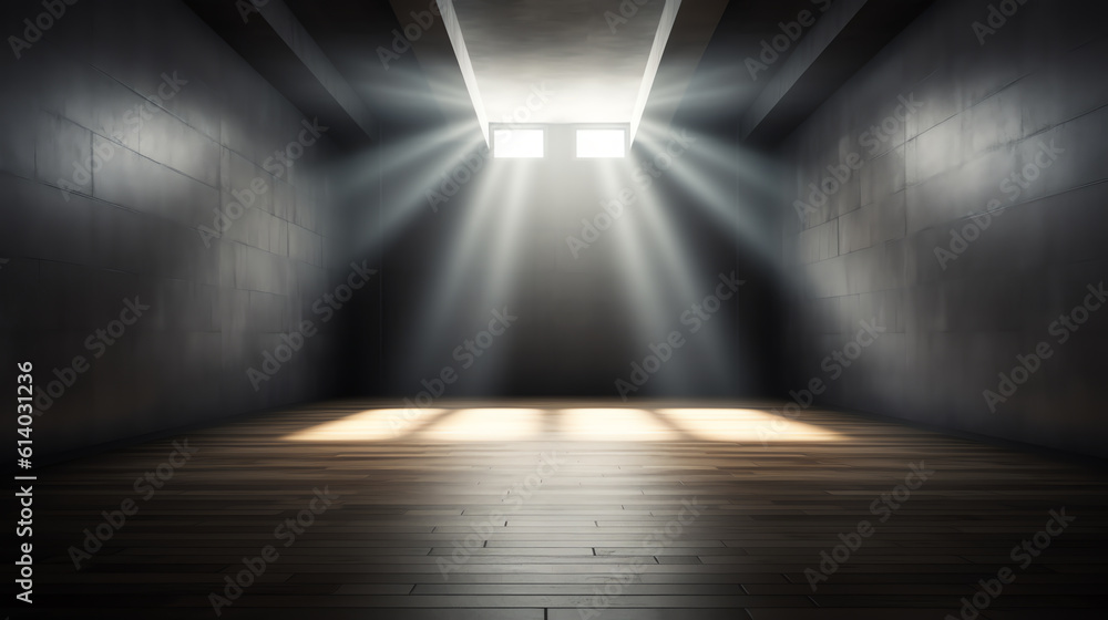Poster generative ai church interior. window light in dark inside room. shining door in front empty steps. 