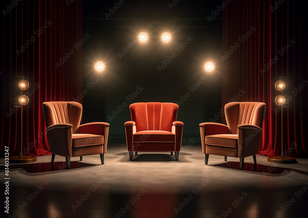 Poster Generative AI Three red cinema chairs with fizzy drink and box of popcorn over white background. Concept of entertainment. 3d rendering