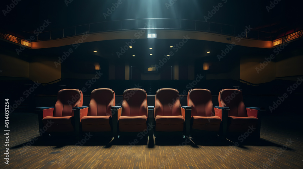 Poster generative ai empty movie theatre interior with screen and seats.