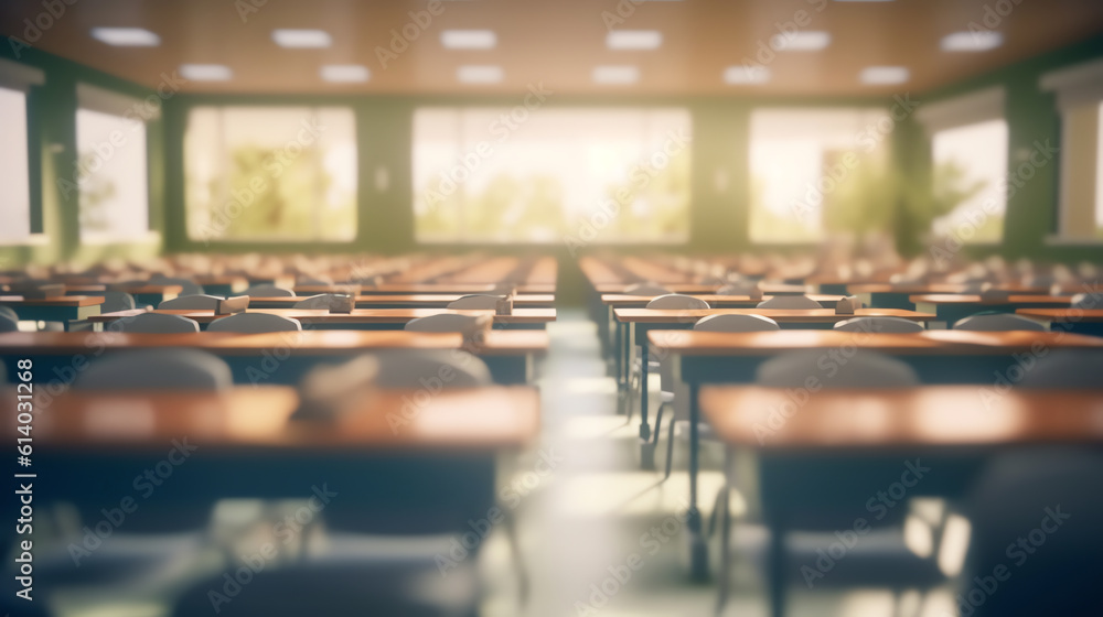 Poster Generative AI Medical face blue mask on the wood lecture chairs place distancing in the empty classroom. Concept during the Coronavirus disease COVID-19 outbreak in the 2020s. Back to school concept.