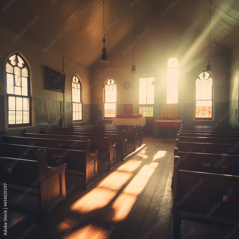 Poster Generative AI Empty pews in a small chapel, in which soft sunlight falls through a small window.