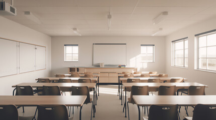 Generative AI A newly built school classroom with desk and chairs. windows with yellow blinds.