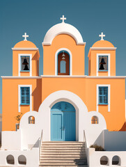 Fototapeta na wymiar Generative AI Old small chapel with trees in yard religious destination at Kimolos island Chora Cyclades Greece. Whitewashed Orthodox Church with belfry and cross empty cobblestone street. Summer blue