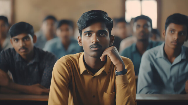 Generative AI Confused Indian Kid Scratching Head While Watching Bnak Chalk Board At Classroom, Student Trouble Learning And Education Concept.