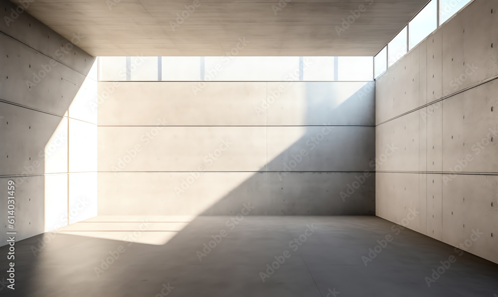 Poster Generative AI 3d rendering of empty concrete room with light and shadow on the curve wall.