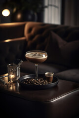 Fototapeta na wymiar Espresso martini cocktail delicious alcohol drink dessert cocktail. Cocktails garnished with coffee beans. Classy intimately lit Bar. Realistic 3D illustration. Generative AI