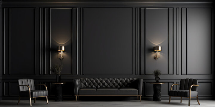 Generative AI Luxury living room in dark color. Gray walls, warm ligh and lounge furniture - taupe chairs. Empty space for art or picture. Rich interior design. Mockup of a room or hall. 3d rendering