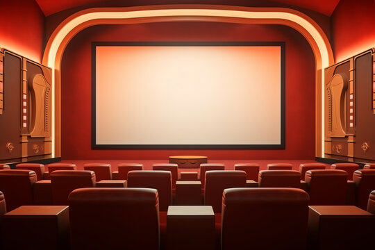 Generative AI Isometric Movie Theatre Red Chairs. Empty Cinema Seats With Popcorn And Soda Pop, Cinema Chairs For Watching Film On Big Screen 3d Vector Illustration On White Background