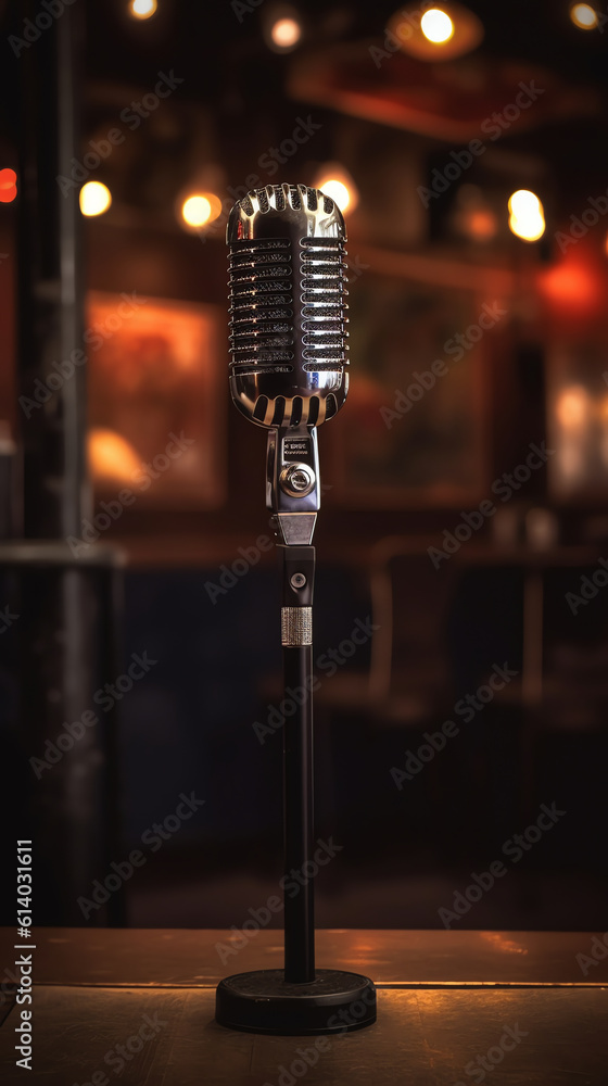Poster Generative AI microphone on a wooden stool on a stand up comedy stage with reflectors ray, high contrast image