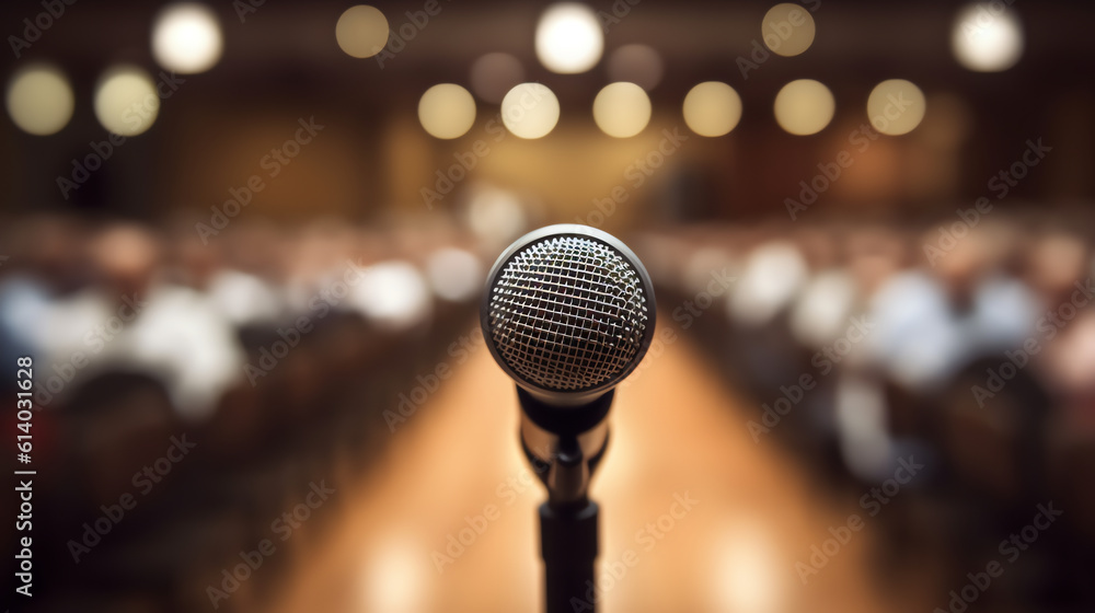 Aufkleber generative ai rostrum with microphone and computer in conference hall
