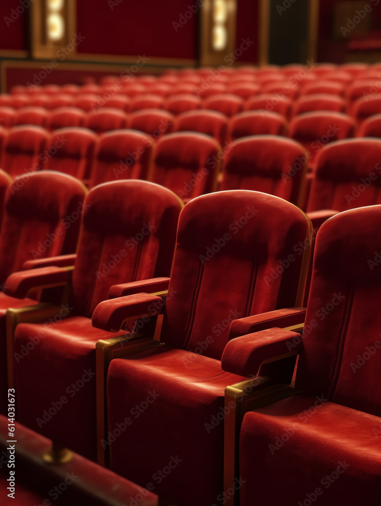 Aufkleber Generative AI Empty comfortable red seats with numbers in cinema