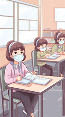 Generative AI chairs on tables in kindergarten room. classroom without any student. School close due to coronavirus pandemic disease. stay home, quarantine. Study online by internet to prevent covid-1