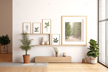 Fototapeta na wymiar Generative AI Indoor plant on wooden floor with white wall background in large room at modern new house for big family, Vintage window and door of empty hall or natural light studio -Home interior 3d 