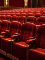 Generative AI Empty comfortable red seats with numbers in cinema