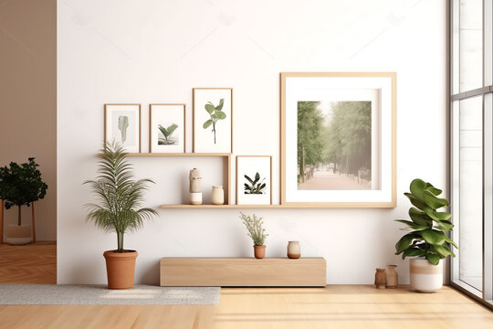 Fototapeta Generative AI Indoor plant on wooden floor with white wall background in large room at modern new house for big family, Vintage window and door of empty hall or natural light studio -Home interior 3d 