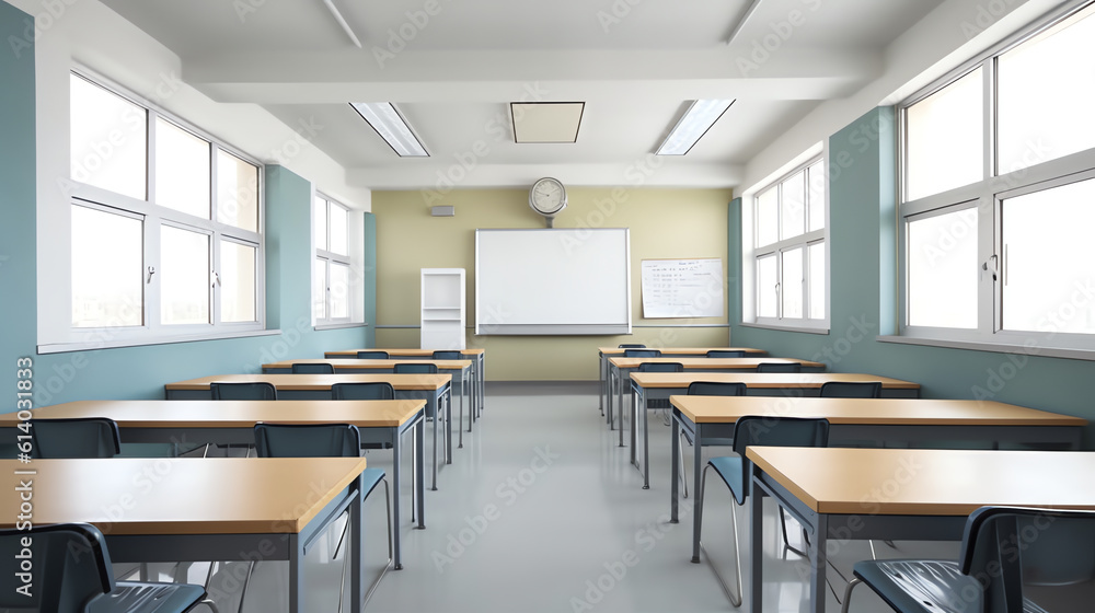 Fototapete generative ai classroom design with modern desks, seats and wardrobe 3d rendering