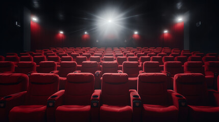 Generative AI Dark movie theatre interior. screen and chairs.