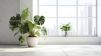 Generative AI Indoor plant on white floor with empty concrete wall background, Lounge and coffee table near glass window in sea view living room of modern luxury beach house or hotel - Home interior 3