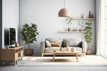 Generative AI Modern interior of open space with design modular sofa, furniture, wooden coffee tables, plaid, pillows, tropical plants and elegant personal accessories in stylish home decor. Neutral l