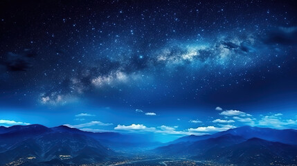 Panorama dark blue night sky. Milky way and stars on dark background