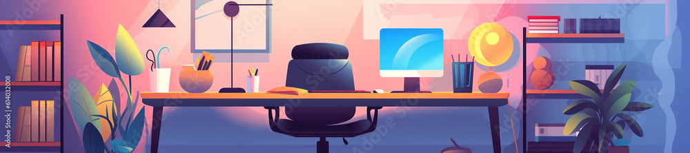 Poster generative ai job offer banner design. workplace in the office with an empty chair and a vacancy sig