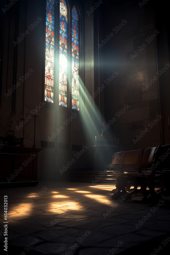 Poster generative ai light from a window in the old dark room ,old chapel ,light of hope concept.