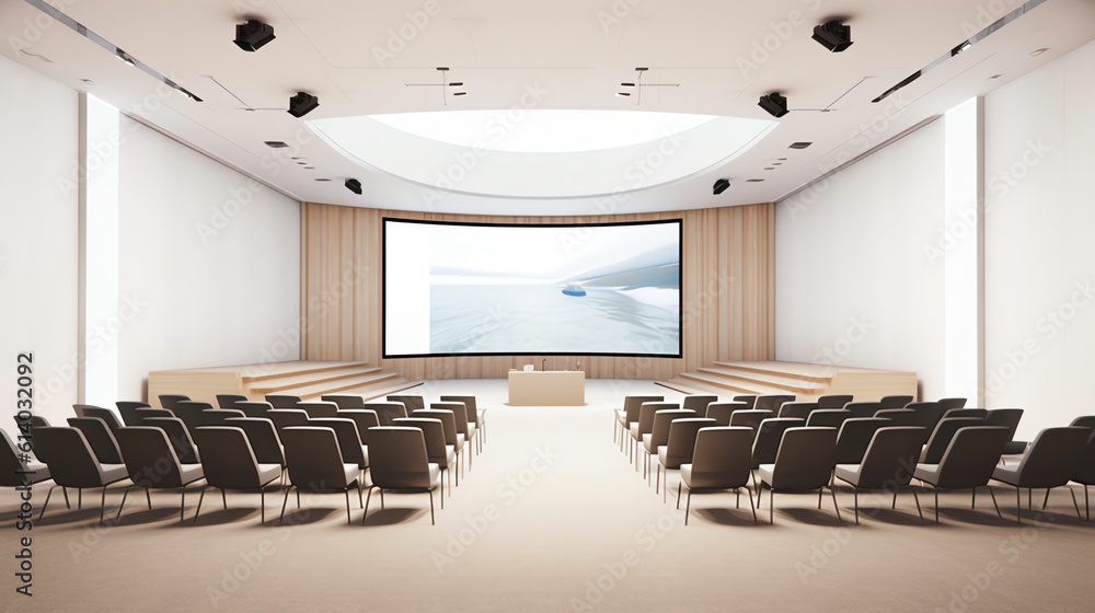 Poster Generative AI Projector screen canvas in modern conference room with big windows. Side view.Empty classroom or presentation room interior with desks, chairs and whiteboard
