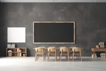 Generative AI empty school classroom with blackboard. 3D rendering