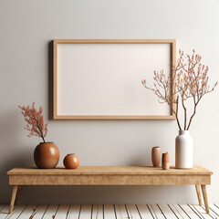 Generative AI Interior poster mock up with horizontal empty wooden frame,Scandinavian style,3d rendering