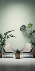 Generative AI Empty living room wall mockup with green velvet armchair, pillow and snake plant in basket on blank white interior background. Illustration, 3d rendering