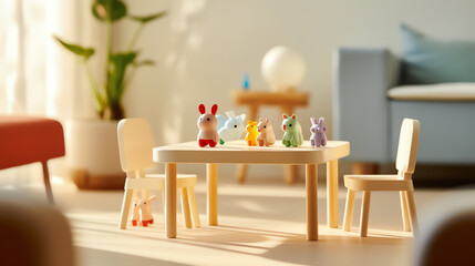 Generative AI Living room: Chairs, table and toys. Interior of kindergarten. Soft selective focus.
