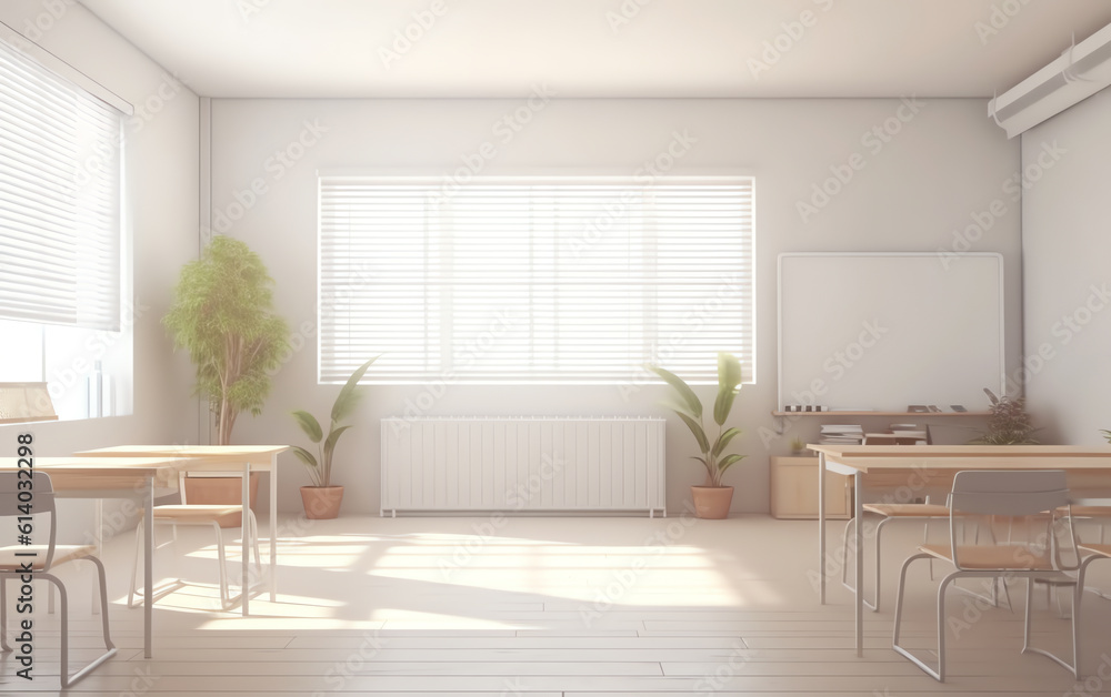 Poster Generative AI Modern Classroom 3D Interior in Light Tones. 3D Rendering