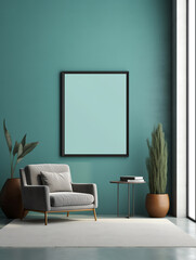 Generative AI Mockup living room interior with armchair on empty blue color wall background.3D rendering
