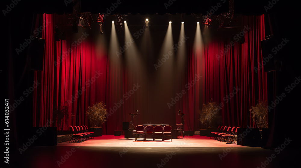 Poster Generative AI Empty scene with a red curtain and spotlights. Concert, show, performance