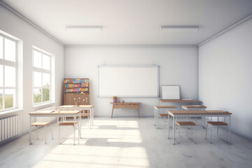 Fototapeta na wymiar Generative AI Empty classroom for teach and learn. Interior floor decoration by wood with texture. Include green board or chalkboard with coppy space for draw and write surface. Education background. 