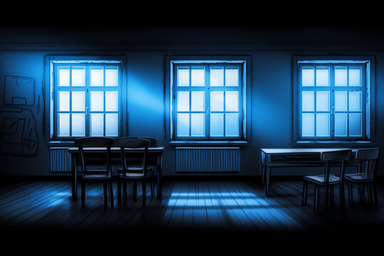 Generative AI interior of a classroom at night, scary atmosphere. 3d render