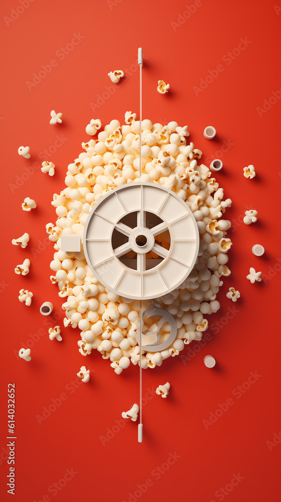 Aufkleber Generative AI One red cinema chair with fizzy drink and box of popcorn over red background. Concept of entertainment. 3d rendering