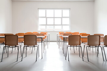 Generative AI Desks and Canadian flag in empty high school classroom